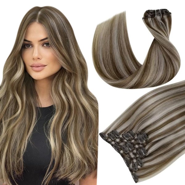 Hetto Clip in Hair Extensions Real Human Hair Light Brown Highlighted Blonde Clip in Hair Extensions Natural Human Hair Extensions Clip ins Full Head Remy Hair 7pcs 14 Inch 120g