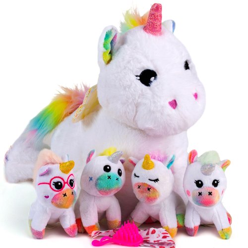 Tumtotz Rainbow Unicorn Stuffed Animals for Girls, Unicorn Gifts for Girls Age 3 4 5 6 7 8 - Plush Mommy Unicorn with 4 Small Baby Unicorns in Her Belly - Cute Plushy Toys for 3+ Year Old Girls