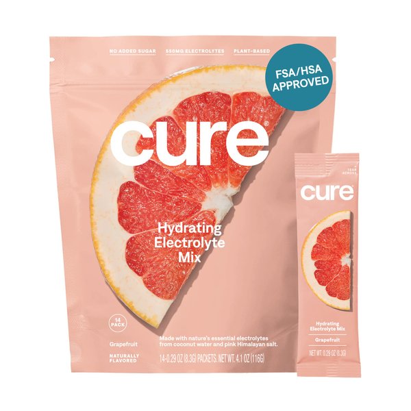 Cure Hydrating Plant Based Electrolyte Mix | Powder for Dehydration Relief | Made with Coconut Water | No Added Sugar | FSA & HSA | Vegan | Paleo Friendly | Pouch of 14 Packets - Grapefruit
