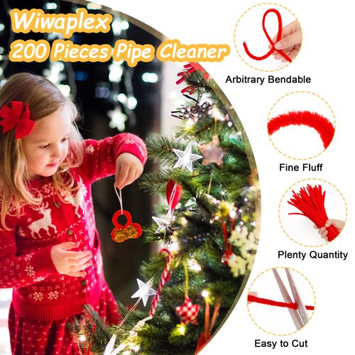 WIWAPLEX 200pcs 12" X 6mm Glitter Tinsel Creative Arts Chenille Stems Sparkle Pipe Cleaners for DIY Craft Projects (Red)
