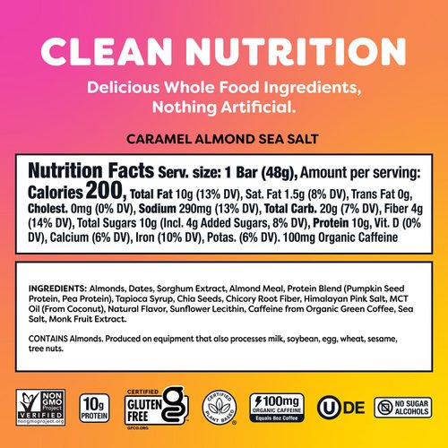 Quantum Energy Square: Energy Bar with Caffeine & 10g Protein. Delicious Healthy Snack On The Go. (Vegan, Gluten-free, Soy-free, Dairy-free). Flavor: Caramel Almond Sea Salt 8Pk