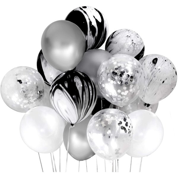Mayen 50 Pcs 12 Inches Black Silver White Balloons Set, Black Marble Balloons, Silver Confetti Balloons, Birthday Party Decorations, New Years Eve Decorations, Silver Graduation Decorations