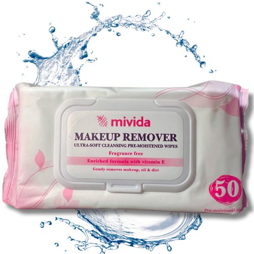 mivida Makeup Remover Wipes | Hypoallergenic Facial Cleansing Make up Remover Face Wipes with Vitamin E | Fragrance Free, Alcohol Free wipes | 50 Count