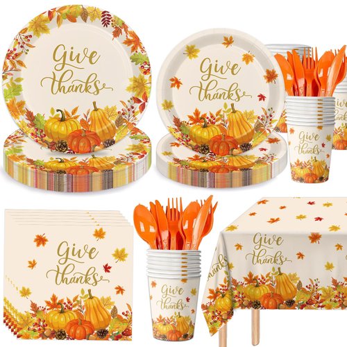 LINHAXM 169 PCS Thanksgiving Party Supplies - Pumpkin Maple Leaves Thanksgiving Tableware Paper Plates, Napkins, Cups, Cutlery, and Tablecloth for Fall Thanksgiving Decorations, Serves 24