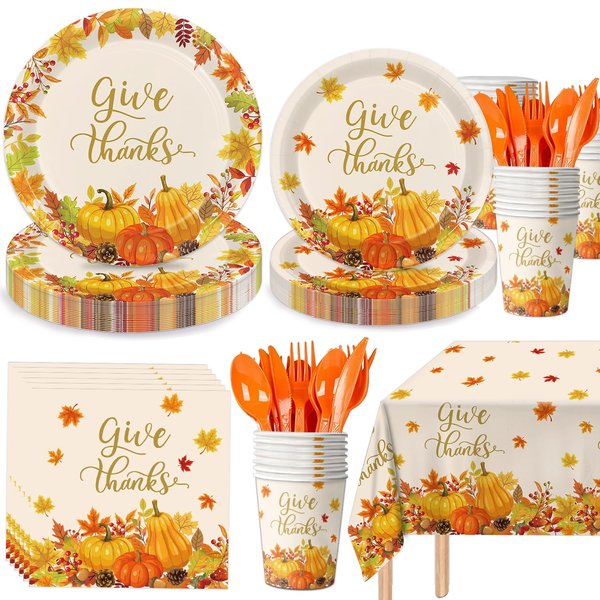 LINHAXM 169 PCS Thanksgiving Party Supplies - Pumpkin Maple Leaves Thanksgiving Tableware Paper Plates, Napkins, Cups, Cutlery, and Tablecloth for Fall Thanksgiving Decorations, Serves 24