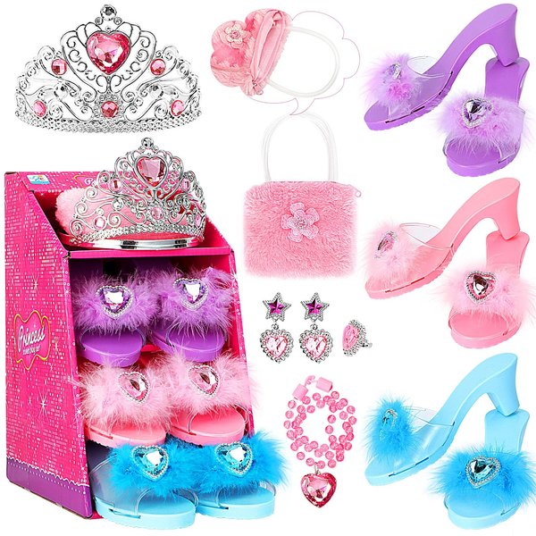 Jaolex Princess Toddler Dress Up Shoes Pretend Play Jewelry Toys Set 3 Pairs of Shoes with Tiara Earrings Necklaces Ring Role Play Shoes Set for Little Girls Aged 3-6 Years Old