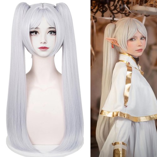 Aicos Silver White Ponytail Cosplay Wig for Women Cosplay Frieren, Halloween Party Hair from Frie...