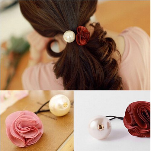 Suoirblss 5 PCS Hair Accessories Women Satin Ribbon Rose Flower Imitation Pearl Ponytail Hair band (Color random)
