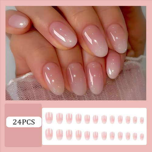 RUPOFUZA Almond Press on Nails Short Squoval Fake Nails Pink Ombre White False Nails with Glossy Press ons Designs Acrylic Nails Press on Artificial Nails Stick on Nails for Women 24Pcs