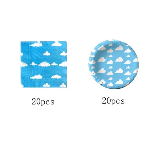 Cemtetnech 40pcs Blue Sky White Clouds Party Supplies ,include 20 Plates, 20 Napkin ,Used for Cartoon Story Birthday Party Decoration, Blue,White