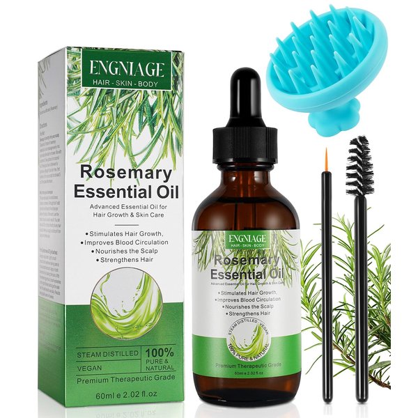 Engniage Rosemary Oil for Hair Growth 2.02 fl oz with Scalp Massager, Nourishes Scalp Pure Rosemary Essential Oil for Eyelashs, Eyebrows, Face, Skin Care, Body Massage, 2.02fl Oil+comb