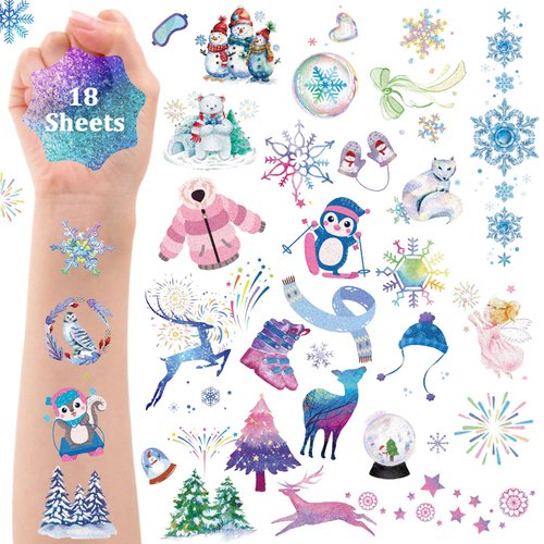 Qpout 137Pcs Glitter Winter Christmas Party Temporary Tattoos Snowflake Temporary Tattoo Stickers for Kids Winter Wonderland Themed Decorations Merry Christmas Party Holiday Favors Accessory