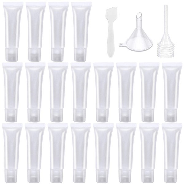 AYWFEY 20 Pcs 8 ml Empty Lip Gloss Tubes + Plastic Funnels + Pipette + Spatula, Refillable Mini Clear Containers Cosmetic Soft Tubes, Empty Foundation Tube for DIY Lip Gloss Balm Cosmetic on Travel