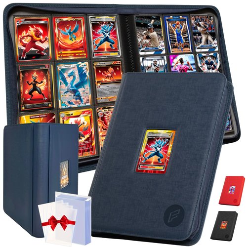 Premium 9 Pocket Trading Card Binder Holder with Window & Zipper - 360 Sleeves Waterproof PU Leather Organizer for MTG, TCG, NBA Sport, Baseball, WWE Collectible Album Book Blue