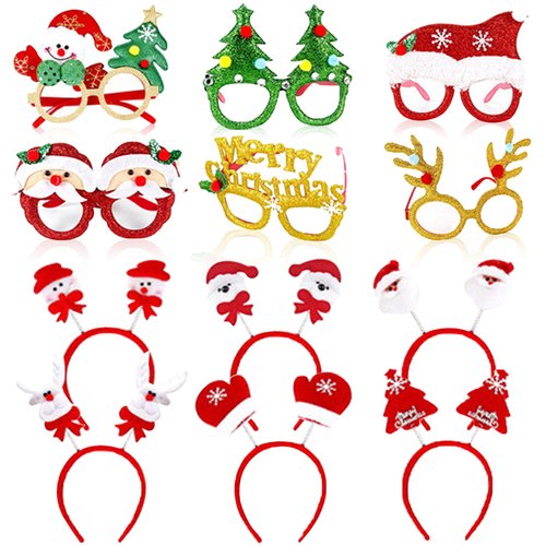 Kabcifea 12 Pieces Christmas Headbands and Glasses Frames Set,Xmas Tree Snowman Head Cute Santa A...