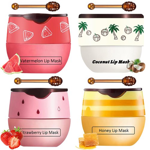Tnoctuh 4 PCS Bee Lip Balm Lip Mask Honey Pot, Coconut Honey Strawberry Watermelon Moisturizing Sleeping Lip Mask Overnight with Sticks, Lip Balm Exfoliating Prevention Dry and Crack Lip Scrubs