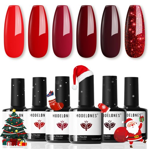 modelones Gel Nail Polish Set - 6 Red Colors Gel Polish Glitter Red Gel Polish Burgundy Red Spark...