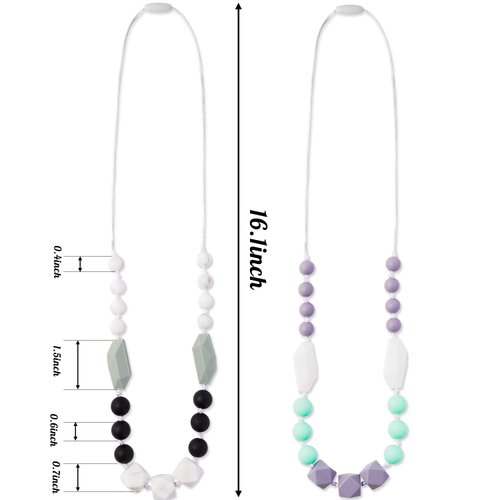 QIMGIC 2PCS Baby Teething Necklace for Mom to Wear, Babies Nursing Necklaces for Kids, Sensory Teether Toys for Toddlers Children Adults Baby Shower Birthday Gift (Green Grey Black)