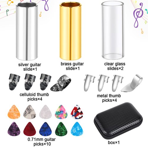 Guitar Slide, 4pcs Augshy Medium Guitar Slides(1 Stainless Steel, 1 Brass and 2 Glass), 4pcs Stainless Steel and 4pcs Plastic Thumb & Finger Picks, 10pcs Guitar Picks All in One Box Guitar Accessories