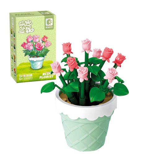 MEIEST Mini Flower Succulent Bonsai Building Block Set,Simulation Pot Plant Artificial Particle Flower Botanical Collection Construction Building Bricks Toy,Cute Home Decors (Rose)