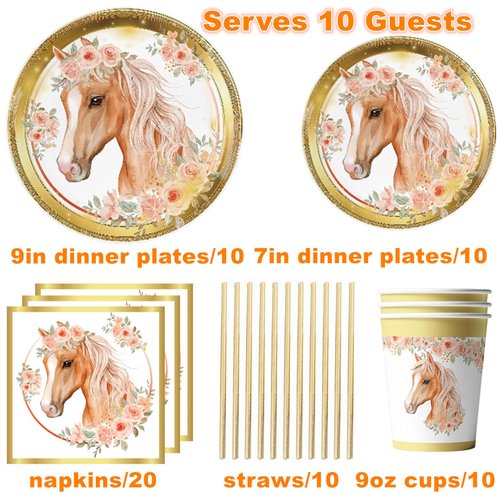 Horse Birthday Party Supplies, Horse Party Tableware Complete Pack Horse Party Plates and Napkins Including Gold Horse Party Plates,Cups, Napkins,Straws for Horse Birthday Baby Shower Decorations