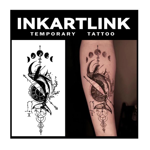 INKARTLINK Tattoo Tech, 2 Sheets Medium Semi Permanent Tattoo, Adult Art Design Temporary Tattoos, Lasts 1-2 Weeks, Waterproof, Realistic Look, No Adhesive, No Reflection (Whale and Moon Design)