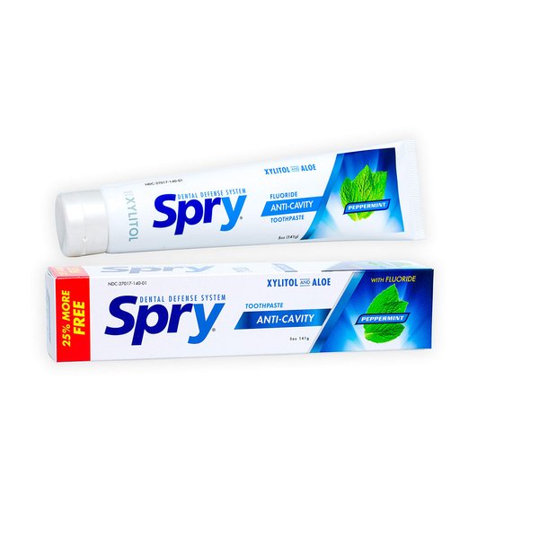 Spry Xylitol Toothpaste 5oz, Fluoride Toothpaste Adult and Kids, Teeth Whitening Toothpaste with Xylitol, Natural Breath Freshening, Mouth Moisturizing Ingredients, Peppermint (Pack of 1)