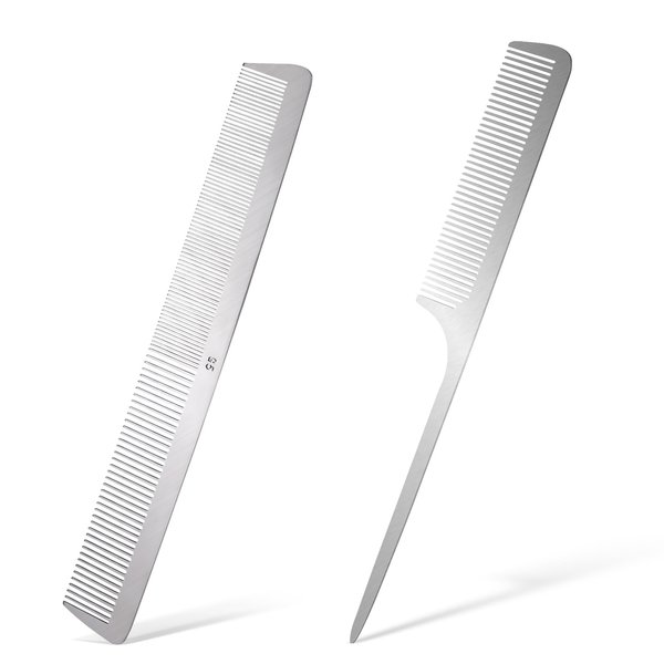 2 PCS Stainless Steel Hair Combs Metal Rat Tail Comb with Metal Pick Flat Top Barber Comb Teasing Pintail Comb Hair Styling Cutting Comb