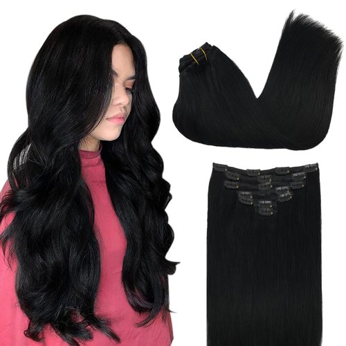 GOO GOO Clip in Hair Extensions Real Human Hair, 16inch 120g 7Pcs, 1 Jet black, Remy Human Hair Extensions Clip ins for Women, Natural Human Hair