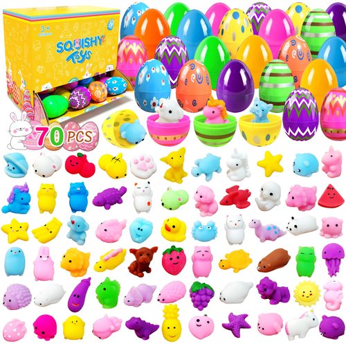 70Pcs Animals Squishy Toys Prefilled Easter Eggs Mochi Squishies for Kids Mini Kawaii Party Favors Stress Reliever Toys Easter Theme Class Prizes Birthday Goodie Bag Basket Filler Supplies Toys