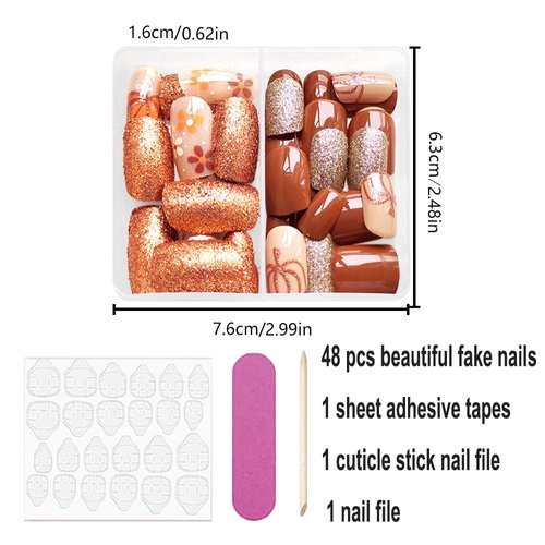 KOLONAMS 48Pcs Fall Halloween Press on Nails Short Square Glitter Fake Nails Cute Pumpkin Ghost Flower Acrylic Full Cover Stick on Nails Resuable Wear Glue on Nails for Women Halloween Nail Decoration
