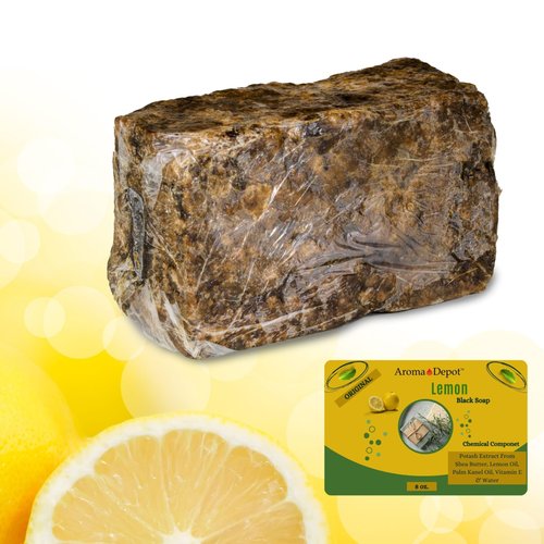 Aroma Depot Lemon Raw African Black Soap 8 oz. 100% Natural soap for Acne, Eczema, Psoriasis, Scar Removal Face And Body Wash. Handmade