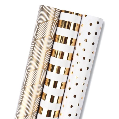 MAYPLUSS Birthday Wrapping Paper Roll - Mini Roll - 17 inch x 120 inch Per roll - White & Gold Foil Design (42.3 sq.ft.ttl)