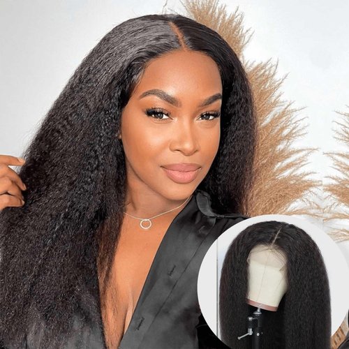 DreamPack Kinky Straight Human Hair Wig 4x4 Transparent Lace Closure Kinky Straight Wigs Human Hair 150% Density Yaki Human Hair Wigs Glueless Pre Cut Lace Natural Black(14inch)