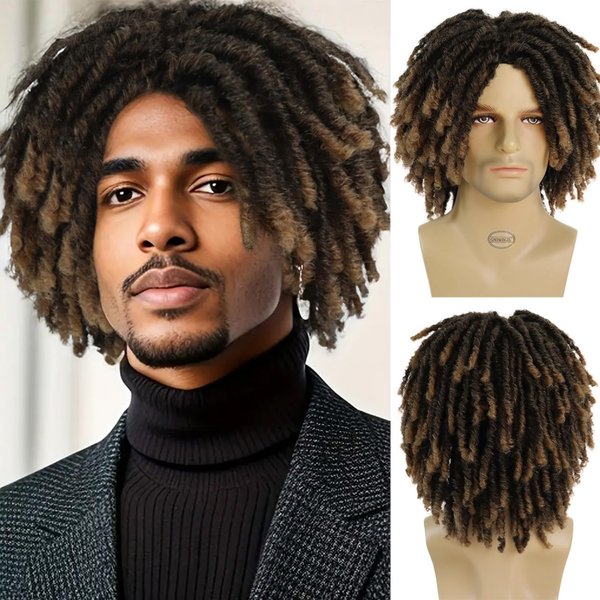GNIMEGIL Short Dreadlocks Wig for Black Man Afro Bob Ombre Light Brown Crochet Twist Hair Braided Wig Natural Synthetic Wig Breaking Street Dance Breathable Wig Cap