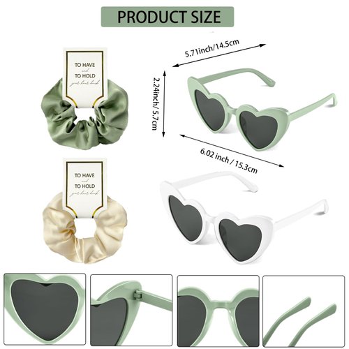 HHENGDAS Satin Bridesmaid Scrunchies Set of 8 Bachelorette Heart Sunglasses Hair Ties Bridal Shower Gift for Wedding Bachelorette Party Favors Bridesmaid Proposal Gifts (Off-white/White&Sage Green)