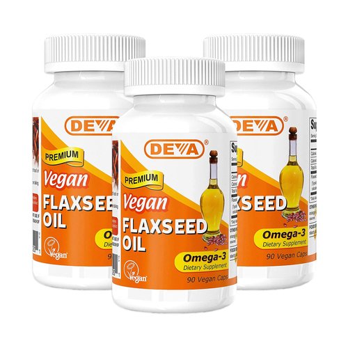 DEVA Organic Vegan Vitamins Flax Seed Oil - Rich in Omega-3, Cold-Pressed & Unrefined - 90 Capsules (Pack of 3)