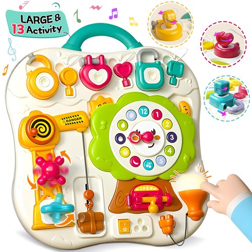 ROHSCE 2024 New Montessori Busy Board Sensory Toys for Toddlers 1-3, 13 Activity Music & Led Light Up Montessori Toys for 2+ Year Old, Birthday Gifts for Toddlers, Travel Toys for 2 Year Old
