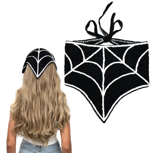 Gothic Crochet Bandana Head Scarf Y2K Soft Cotton Spiderweb Skull Spooky Bat Triangle Bandana for Halloween Handmade Knitted Headband Hair Accessories for Women (Spider Web, One Size)