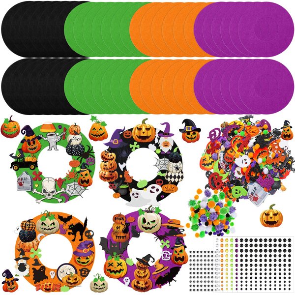 Moucuny 470 Pcs Halloween Craft Kits Halloween DIY Wreath Craft Kit Halloween Wreath Decorations with Ghost Witch Bats Pumpkin Cat Stickers Home Indoor Party Favors