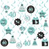 Happy 40th Birthday Party Hanging Swirls Streams Ceiling Decorations, Celebration 40th Foil Hanging Swirls with Cutouts for 40 Years Teal Silver Black Blue Birthday Party Decorations Supplies