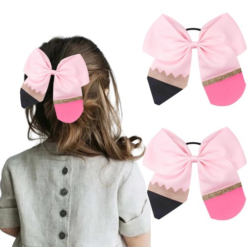 2PCS Back To School Hair Bows Tie Pencil Bows Pink Pencil Cheer Hair Bow Ties with Elastic Pencil...