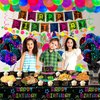Glow Neon Party Supplies - Neon Balloon, Glow in the Dark Happy Birthday Banner, Hanging Swirls, Cake Topper, Tablecloth, Plates, Napkins, Cup for Blacklight Party Decorations, Serves 20 Guest