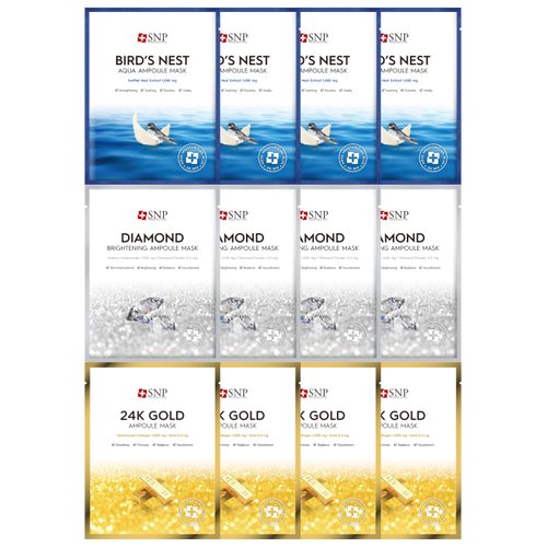 [K Beauty Snp] Variety Ampoule Sheet Mask Set | Bird's Nest, 24K Gold, and Diamond Face Mask | For Hydrating, Brightening, and Sensitive Facial Skin | Korean Face Masks Skincare | 12 Sheets