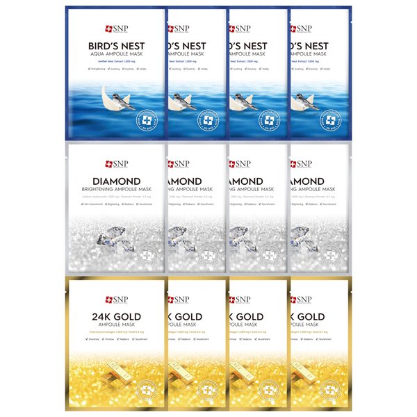 [K Beauty Snp] Variety Ampoule Sheet Mask Set | Bird's Nest, 24K Gold, and Diamond Face Mask | For Hydrating, Brightening, and Sensitive Facial Skin | Korean Face Masks Skincare | 12 Sheets