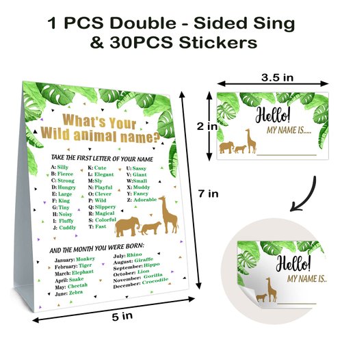 What's your wild Animal Name game - wild Animal birthday party game,Girl and Boy Birthday Supplies, Activity, Decorations(1 wild Animal Theme Sign and 30 Name Tag Stickers)
