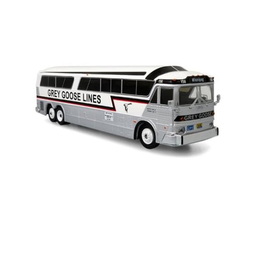 MCI MC-7 Challenger Intercity Coach Grey Goose Lines Winnipeg (Canada) White and Silver with Stripes Vintage Bus & Motorcoach Collection 1/87 (HO) Diecast Model by Iconic Replicas 87-0335