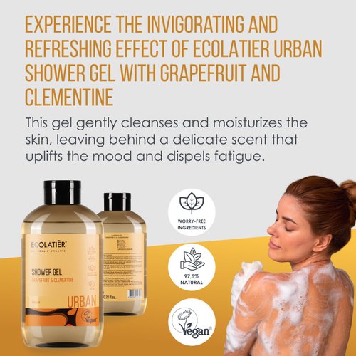 ECOLATIÈR Natural Shower Gel Grapefruit & Clementine Body Wash - 97.5% Natural Ingredients, Vegan Certified, Not Tested on Animals - Moisturizing Body Wash for Women & Men, 20.3 - Fl Oz / 600 ml