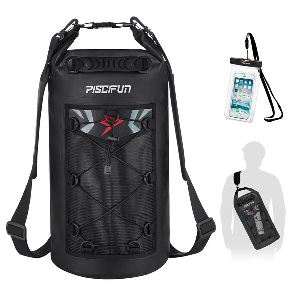 Piscifun Dry Bags, Waterproof Floating Backpack with Waterproof Phone Case for Kayking, Boating, Kayaking, Surfing, Rafting and Fishing, Deck Bags, Black 20L