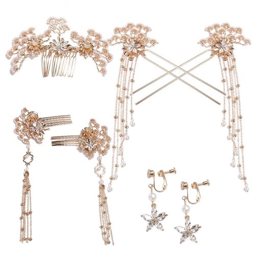Chinese Hair Sticks,Hanfu Long Tassel Hair Stick Set Traditional Classical Crystal Pearl Hair Pins/Hair Comb/Earrings Classical Style Handmade Hair Accessories for Women Girls